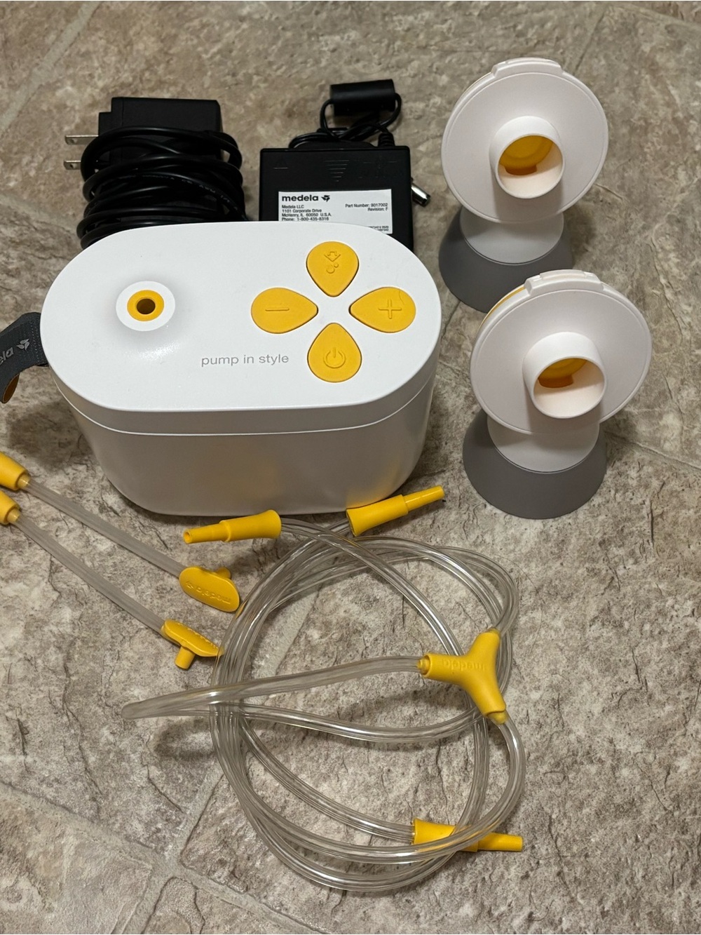 Medela White and Yellow Double Electric Breast Pump with Tubing and Flanges